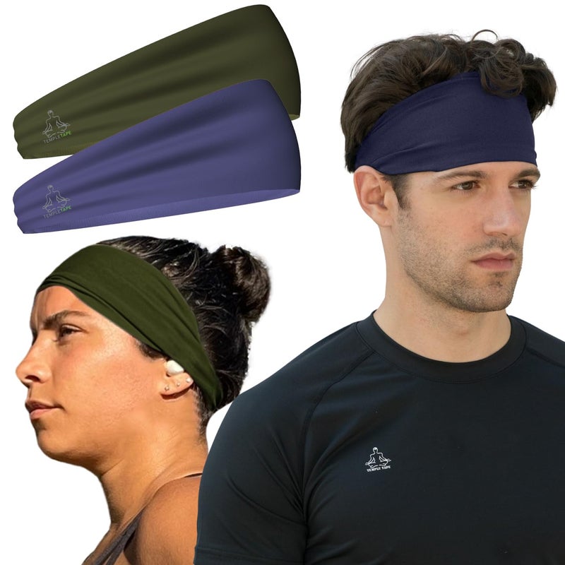 Temple Tape, Value 2-Pack, Mens Headband - Guys Sports Headbands Moisture Wicking Workout Sweatbands for Running, Cross-Train, Skiing and Bike Helmet Friendly 1-OD Green & 1-Navy Sweatband - Image 1